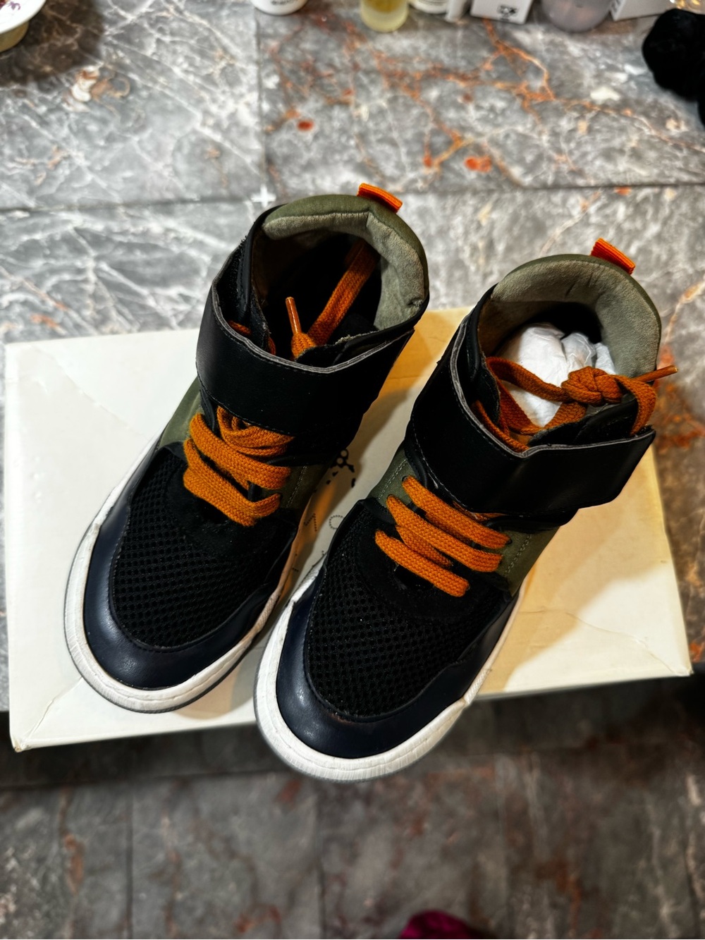 Stella McCartney Kids Black & Olive High-Top Sneakers with Orange Laces
